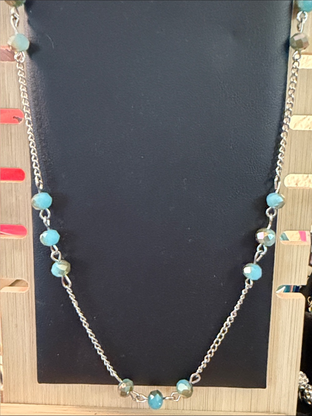 Aqua Blue Faceted Bead Long Station Silver-Tone Statement Necklace